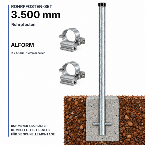 3500 mm Rohrpfosten Komplett-Set | 60,3 mm Rohrpfosten + 2 x Alform-Klemmschellen