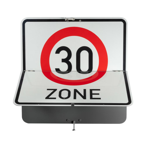 Quadratisches Verkehrszeichen als Klappschild in Buchform (einflügelig)