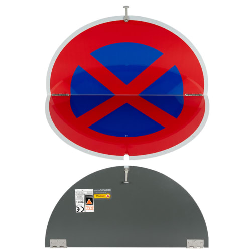 Rundes Verkehrszeichen als Klappschild (horizontale Teilung)