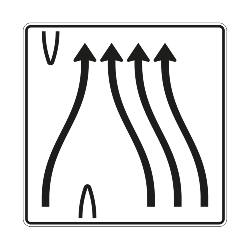 Überleitungstafel 1-streifig nach rechts übergeleitet und 3-streifig nach links - Verkehrszeichen VZ 501-83