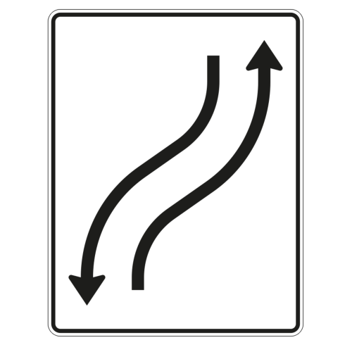 Verschwenkungstafel mit Gegenverkehr, 1-streifig in Fahrtrichtung nach rechts und 1-streifig in Gegenrichtung - Verkehrszeichen VZ 512-20