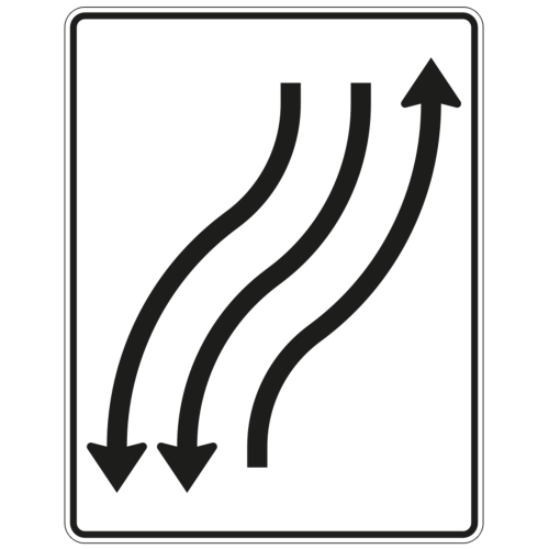 Verschwenkungstafel mit Gegenverkehr, 1-streifig in Fahrtrichtung nach rechts und 2-streifig in Gegenrichtung - Verkehrszeichen VZ 512-21