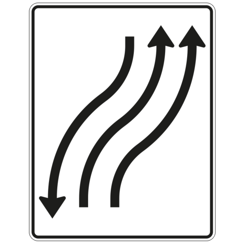 Verschwenkungstafel mit Gegenverkehr, 2-streifig in Fahrtrichtung nach rechts und 1-streifig in Gegenrichtung - Verkehrszeichen VZ 512-22