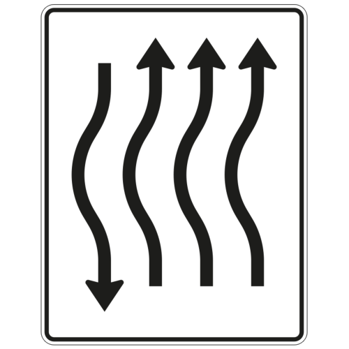 Verschwenkungstafel mit Gegenverkehr, kurze Verschwenkung 3-streifig nach links, 1-streifig Gegenverkehr - Verkehrszeichen VZ 514-12