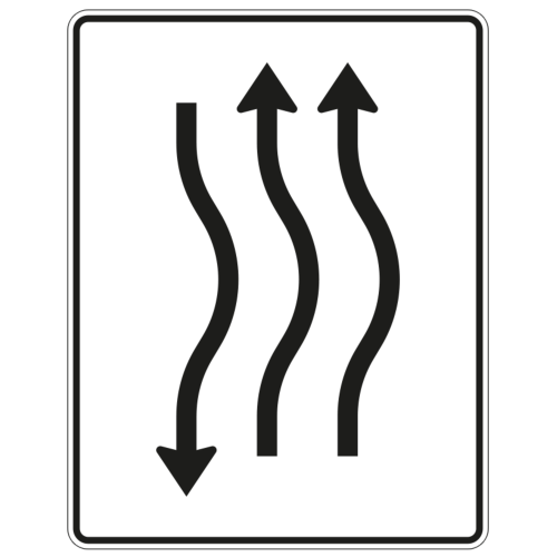 Verschwenkungstafel mit Gegenverkehr, kurze Verschwenkung 2-streifig nach rechts, 1-streifig Gegenverkehr - Verkehrszeichen VZ 514-21