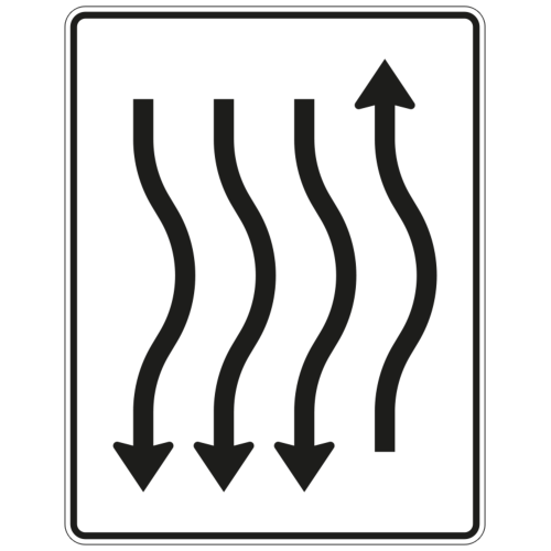 Verschwenkungstafel mit Gegenverkehr, kurze Verschwenkung 1-streifig nach rechts, 3-streifig Gegenverkehr - Verkehrszeichen VZ 514-26
