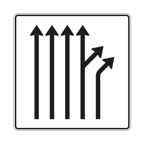Trennungstafel 3-streifig durchgehend, 1-streifig geradeaus/rechts ab und 1-streifig rechts ab - Verkehrszeichen VZ 533-62