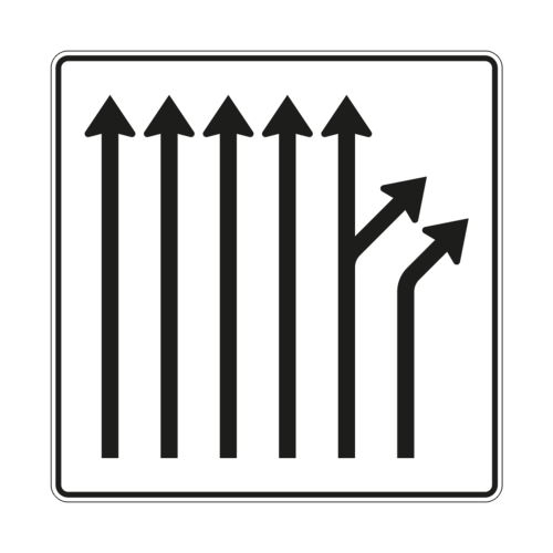 Trennungstafel 4-streifig durchgehend, 1-streifig geradeaus/rechts ab und 1-streifig rechts ab - Verkehrszeichen VZ 533-63