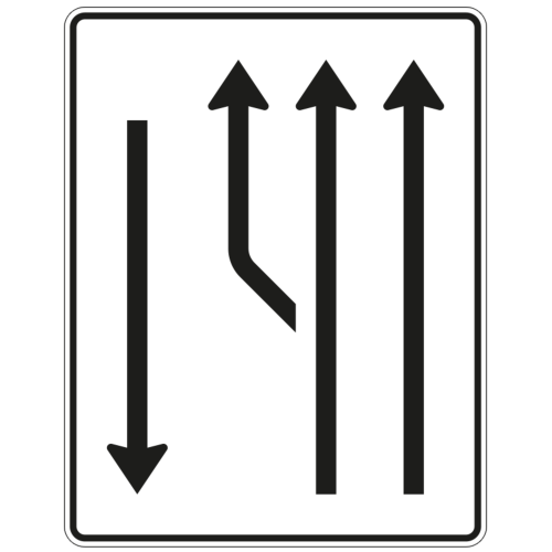 Aufweitungstafel mit Gegenverkehr, 2-streifig plus 1 Fahrstreifen links und 1 Fahrstreifen in Gegenrichtung - Verkehrszeichen VZ 542-12
