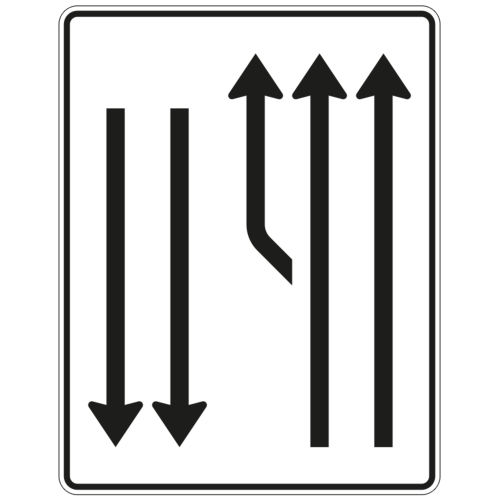 Aufweitungstafel mit Gegenverkehr, 2-streifig plus 1 Fahrstreifen links und 2 Fahrstreifen in Gegenrichtung - Verkehrszeichen VZ 542-13