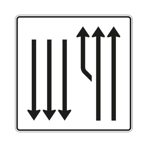 Aufweitungstafel mit Gegenverkehr, 2-streifig plus 1 Fahrstreifen links und 3 Fahrstreifen in Gegenrichtung - Verkehrszeichen VZ 542-15