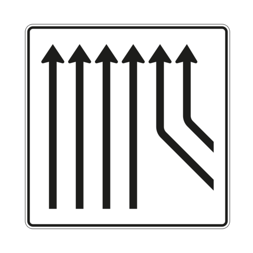 Zusammenführungstafel an durchgehender Strecke, 2-streifig rechts einmündend plus 4-streifig durchgehend - Verkehrszeichen VZ 550-26