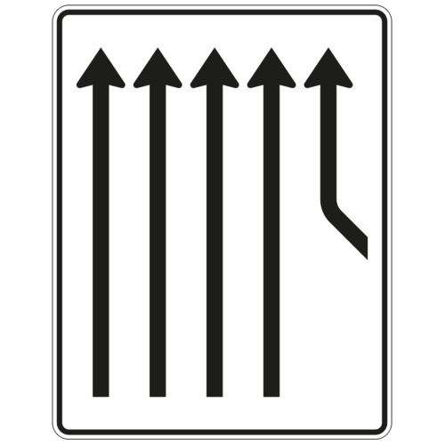 Zusammenführungstafel an durchgehender Strecke, 1-streifig rechts einmündend plus 4-streifig durchgehend - Verkehrszeichen VZ 550-25