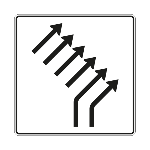 Zusammenführungstafel an einmündender Strecke, 2-streifig einmündend plus 4-streifig durchgehend - Verkehrszeichen VZ 551-26