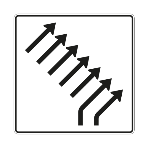 Zusammenführungstafel an einmündender Strecke, 2-streifig einmündend plus 5-streifig durchgehend - Verkehrszeichen VZ 551-29