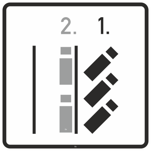 Lkw-Parken in Fahrgassen rechts mit Schrägständen rechts - Verkehrsschild VZ 1053-57