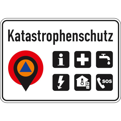 Hinweisschild zum Katastrophenschutz mit Symbolen