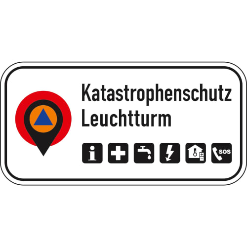 Hinweisschild zum Katastrophenschutz mit Text und Symbolen