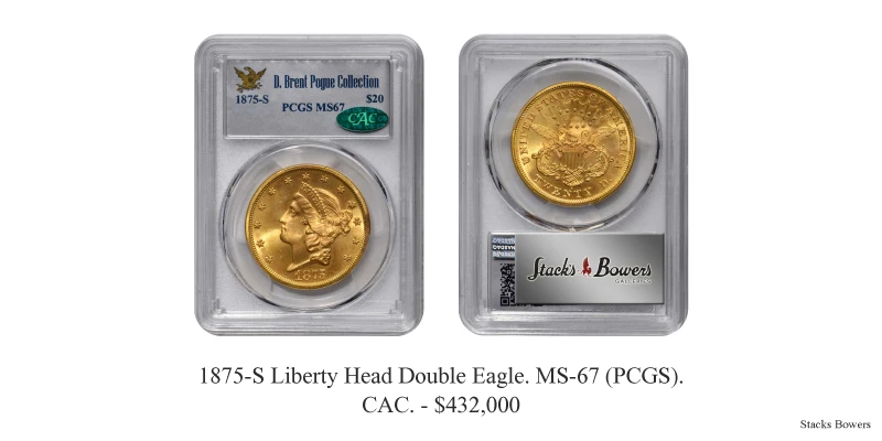 1875-S Liberty Head Double Eagle. MS-67 (PCGS). CAC. - $432,000 PCGS