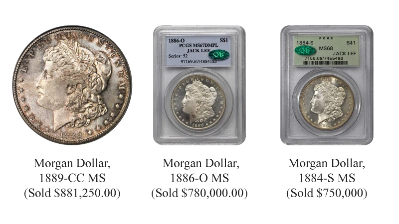 Morgan Dollar 1889-CC, MS-1886-O-MS and 1884-S-MS