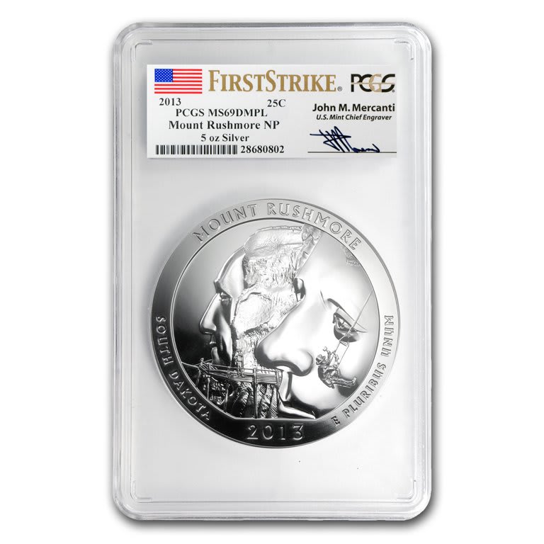 2013 5 oz ATB Mount Rushmore NP MS69 DMPL Silver Coin (PCGS, Mercanti, First Strike)