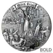 2022 Silver Niue Mistakes of Humanity: Witch Trial 2 oz High Relief Antiqued