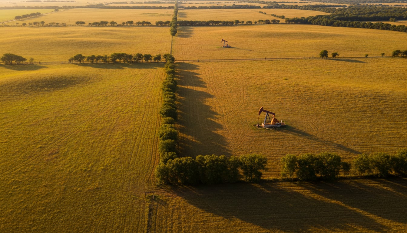 Adjoining Texas tracts from the air at golden hour, a treeline boundary between them and working pumpjacks on the land