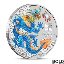 2024 1 oz Perth Lunar Blue Dragon Colored Silver Coin (In Card)