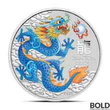 2024 1 oz Perth Lunar Blue Dragon Colored Silver Coin (In Card)