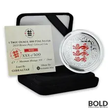 2018 Gibraltar Royal Arms of England Silver 1 oz Proof (Red Colored)