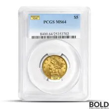 $5 Liberty Half Eagle Gold Coin (MS64 NGC/PCGS)