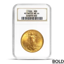 1908 $20 St Gaudens "No Motto" Gold Coin (MS64, NGC or PCGS)