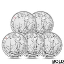 1 oz British Silver Britannia Coin (BU, Random Year, Lot of 5)