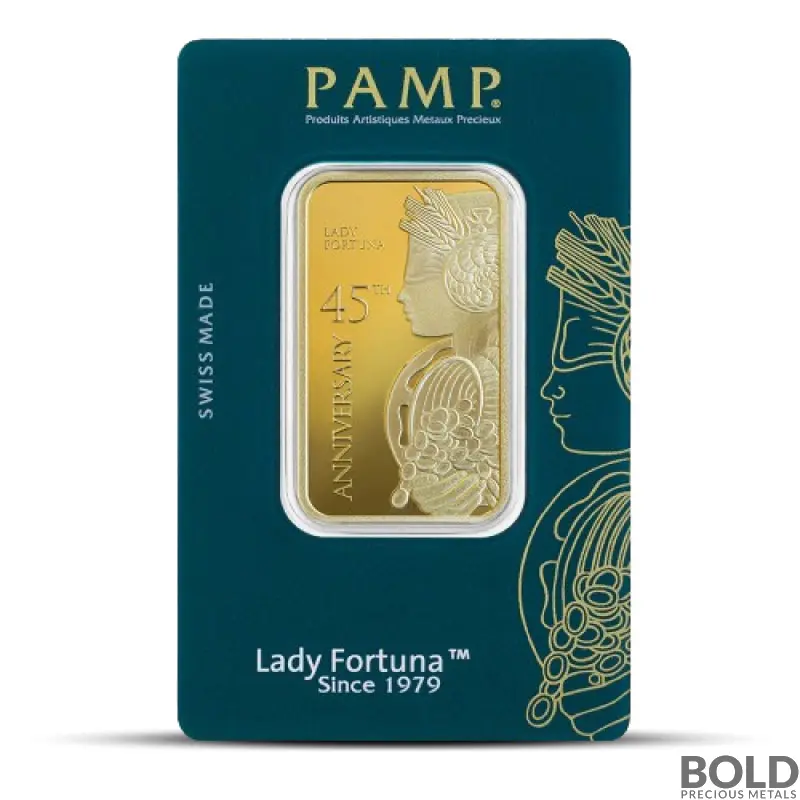 1 oz PAMP Lady Fortuna 45th Anniversary Gold Bar (In Assay)