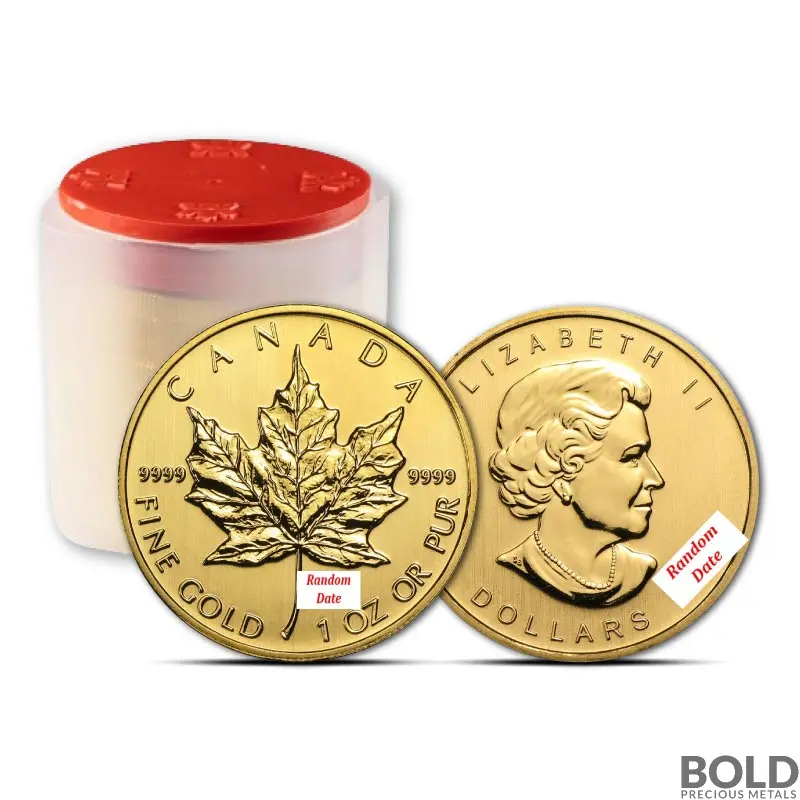 1 oz Canadian Gold Maple Leaf Tube (Random Year, 10 Coins)