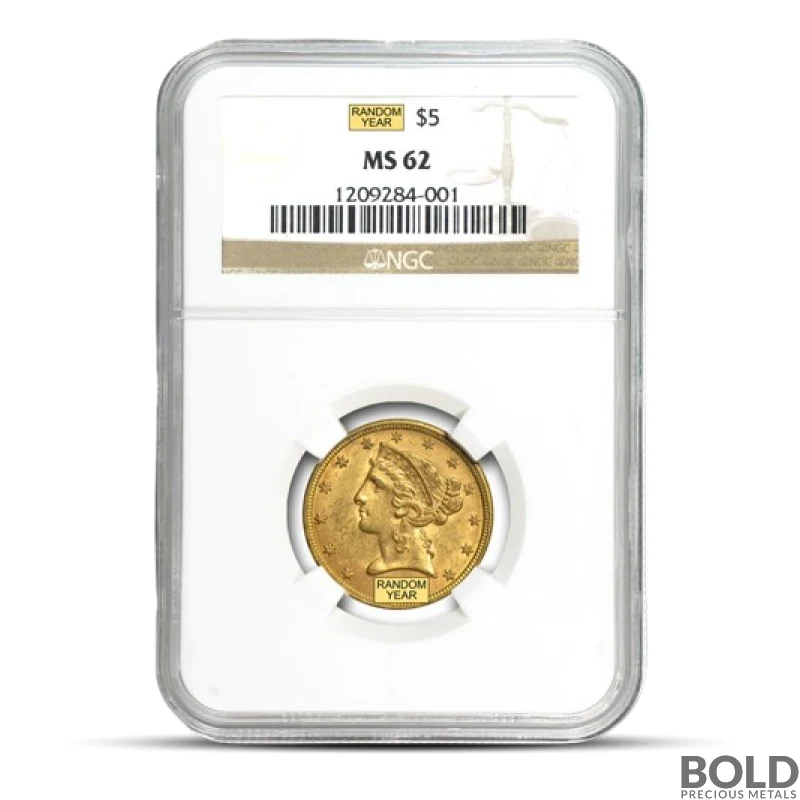 $5 Liberty Gold Half Eagle Coin (MS62, NGC or PCGS)