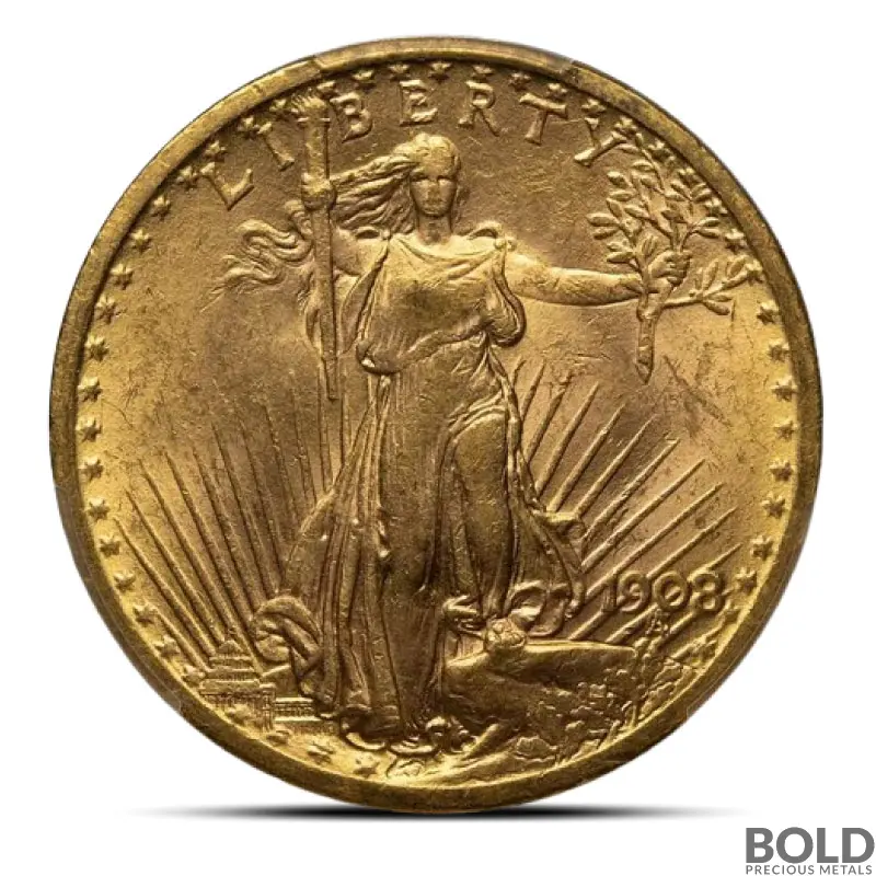 1908 $20 St Gaudens "No Motto" Gold Coin (MS62, NGC or PCGS)