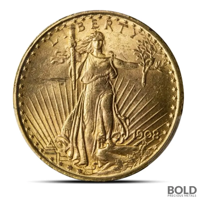 1908 $20 St Gaudens "No Motto"  Gold Coin (MS63, NGC or PCGS)