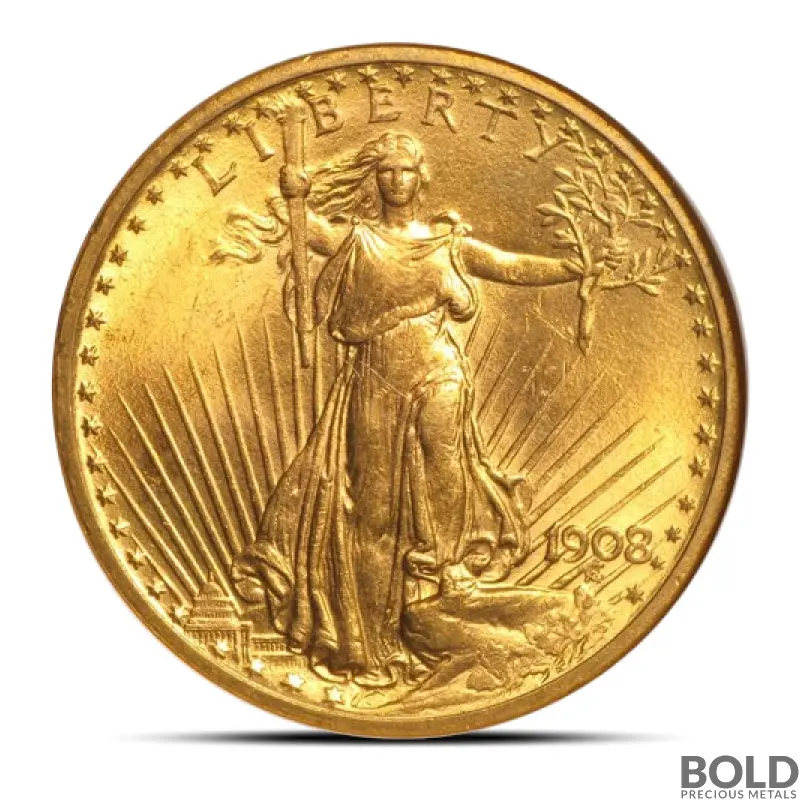 1908 $20 St Gaudens "No Motto" Gold Coin (MS64, NGC or PCGS)