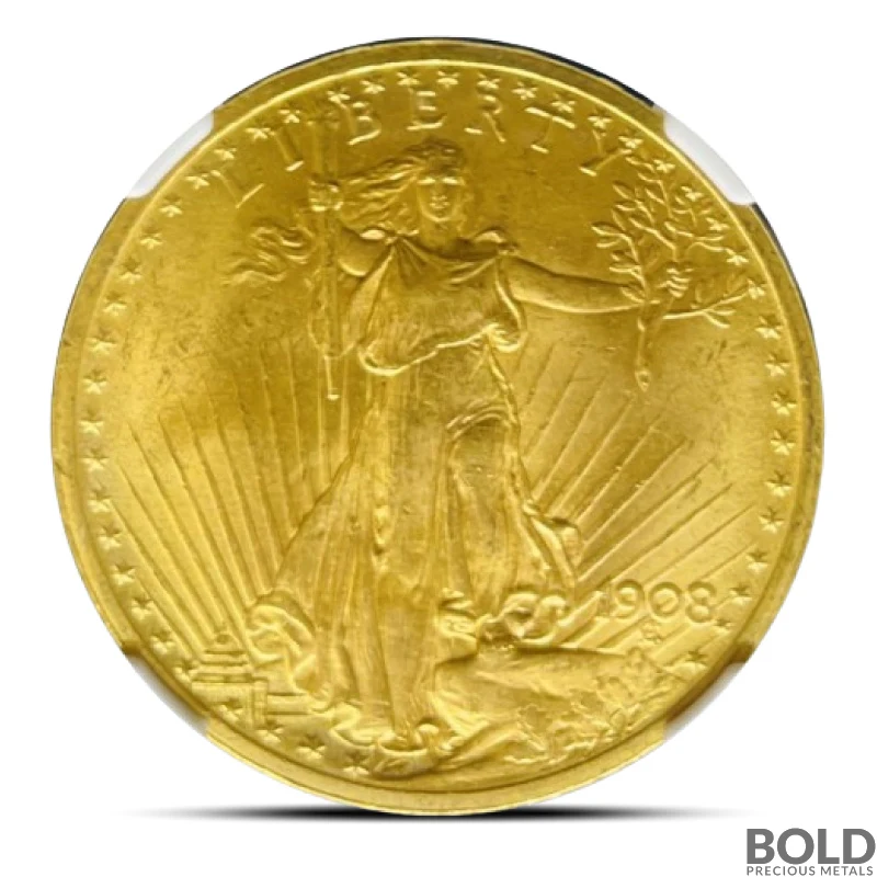 1908 $20 St Gaudens "No Motto" Gold Coin (MS65, NGC or PCGS)