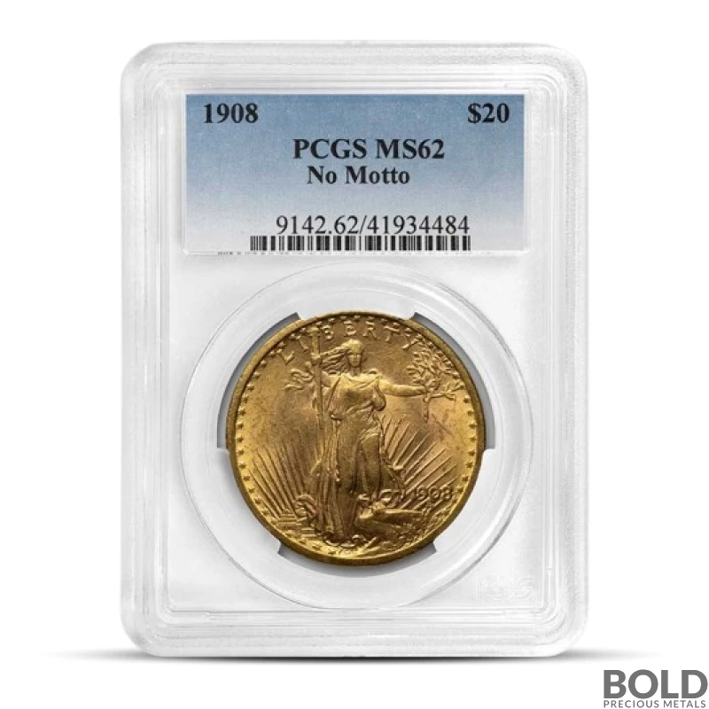 1908 $20 St Gaudens "No Motto" Gold Coin (MS62, NGC or PCGS)