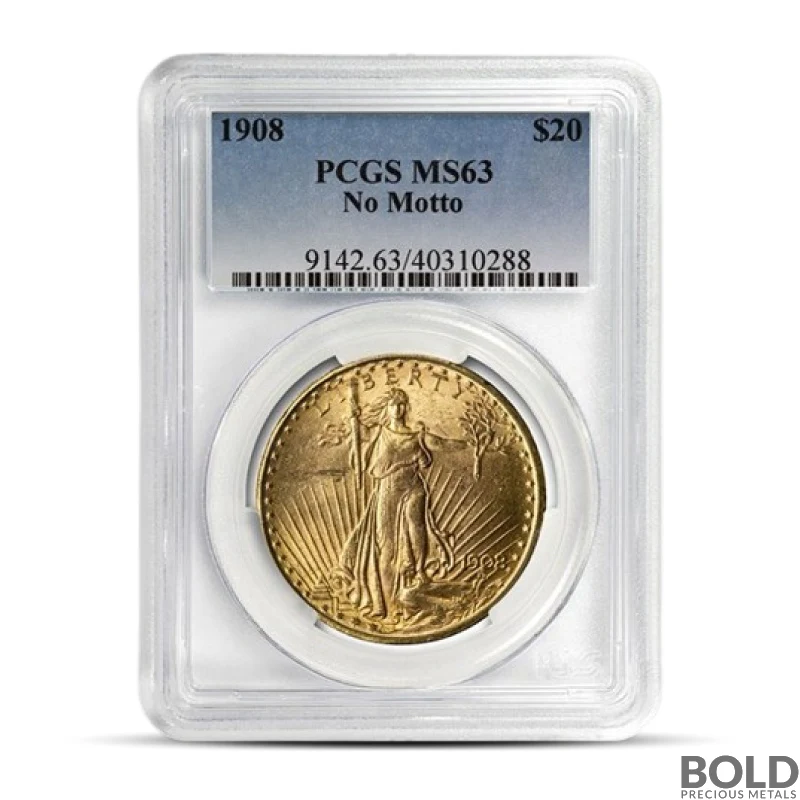 1908 $20 St Gaudens "No Motto"  Gold Coin (MS63, NGC or PCGS)