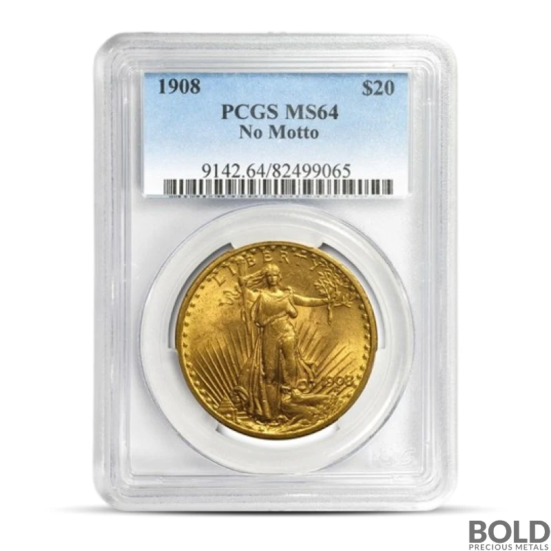 1908 $20 St Gaudens "No Motto" Gold Coin (MS64, NGC or PCGS)