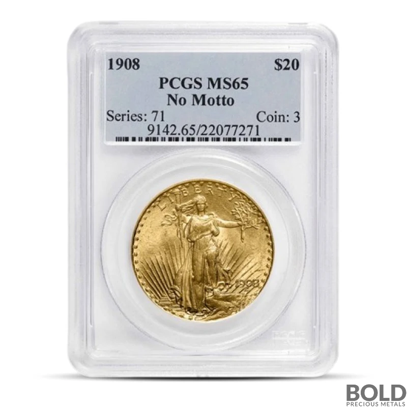 1908 $20 St Gaudens "No Motto" Gold Coin (MS65, NGC or PCGS)