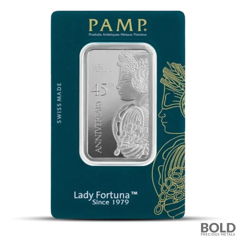 1 oz PAMP Lady Fortuna 45th Anniversary Silver Bar (In Assay)