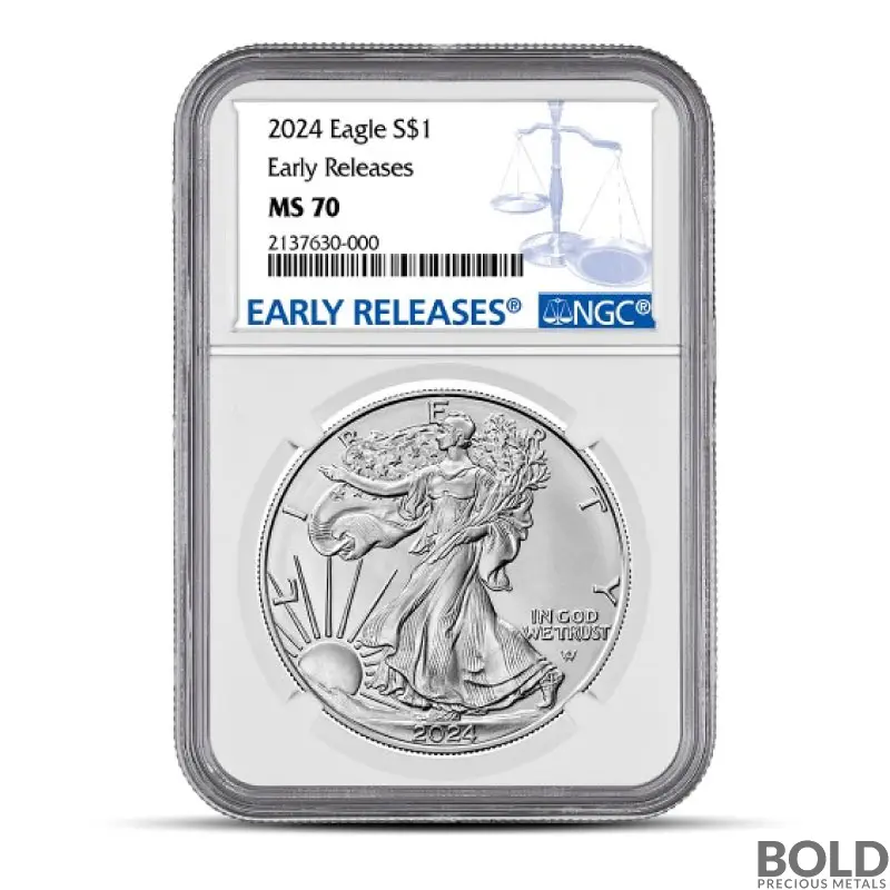 2024 1 oz America Silver Eagle Coin NGC MS70 (ER, Blue Label)