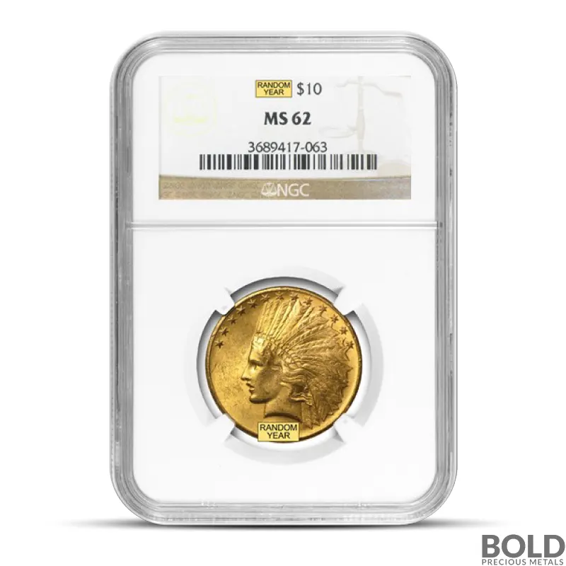 $10 Indian Eagle Gold Coin (Random Year, MS62 NGC/PCGS)