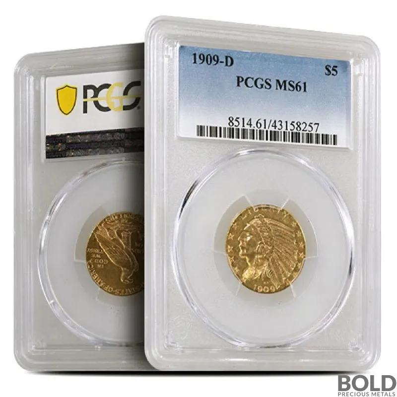 $5 Indian Half Eagle Gold Coin (Random Year, MS61)