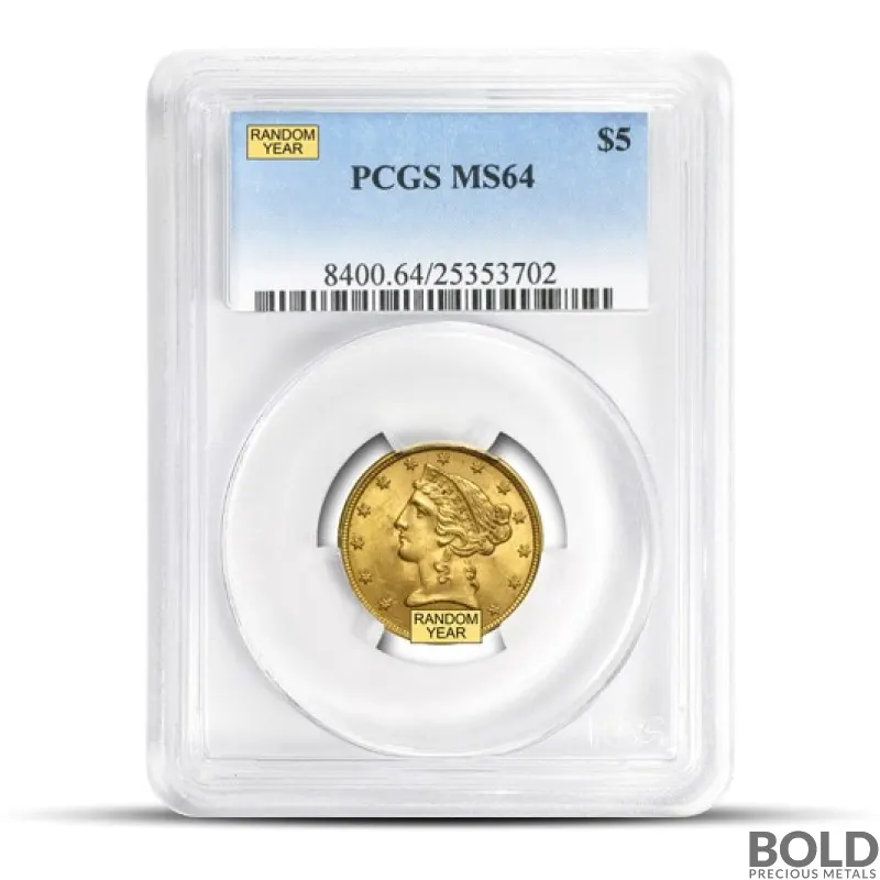 $5 Liberty Half Eagle Gold Coin (MS64 NGC/PCGS)