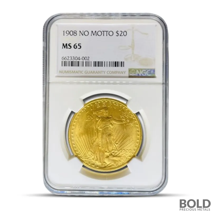1908 $20 St Gaudens "No Motto" Gold Coin (MS65, NGC or PCGS)